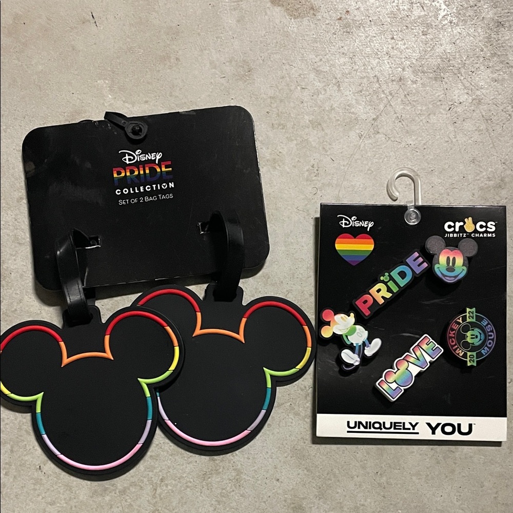 NWT Disney Pride Collection Bag Tags with Rainbow Design and Crocs Jibbets